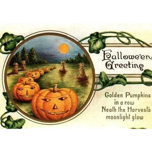 Halloween Postcard Whitney Golden Pumpkins In A Row Full Moon Glow Fantasy RARE